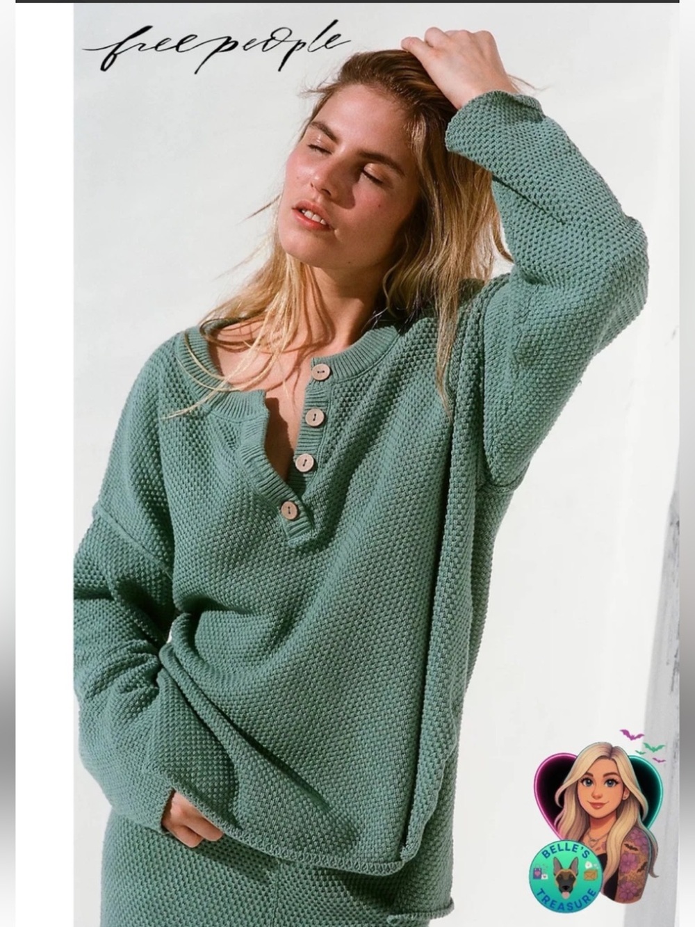 Free People Beach Hailee Henley Sweater 
Chunky Knit Oversized-Large